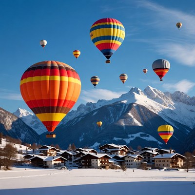 Hot Air Balloons over Snowy Alpine Village