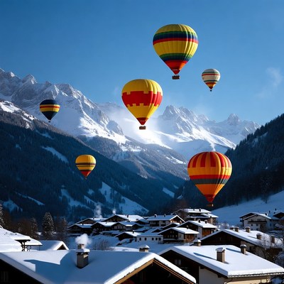 Colorful Hot Air Balloons over Snowy Mountains