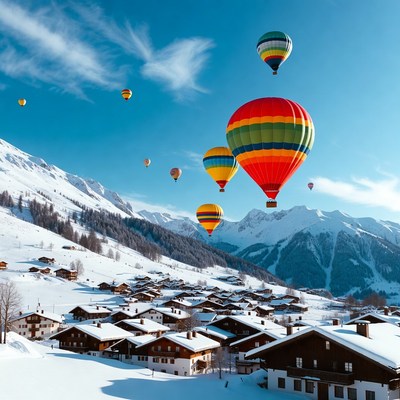 Colorful Hot Air Balloons over Snowy Alpine Village