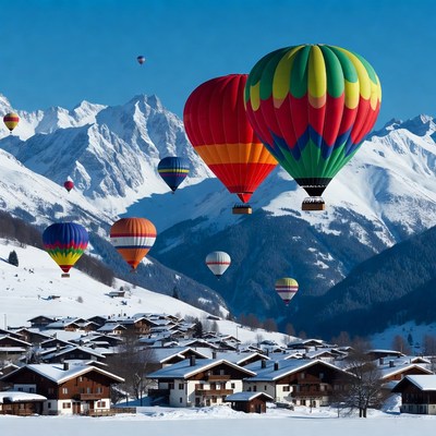 Colorful Hot Air Balloons over Snowy Mountains
