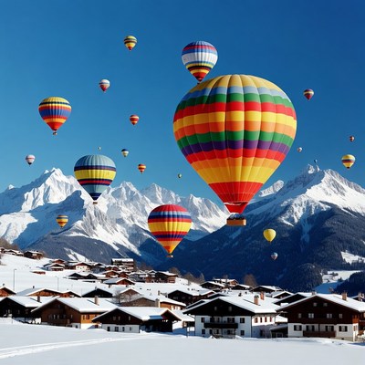 Colorful Hot Air Balloons over Snowy Mountains