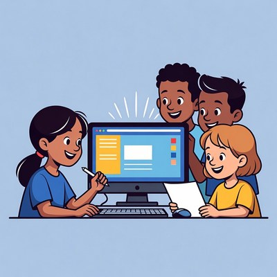Diverse kids using computer illustration