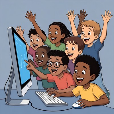 Diverse kids excited around computer