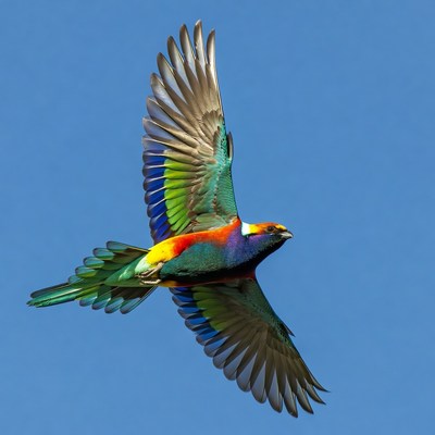 Rainbow Lorikeet Flying in Blue Sky