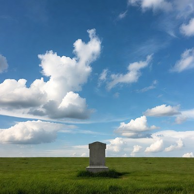 Gravestone in green field under blue sky