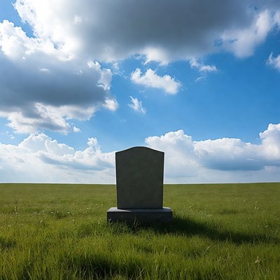 Gravestone in green field under cloudy sky