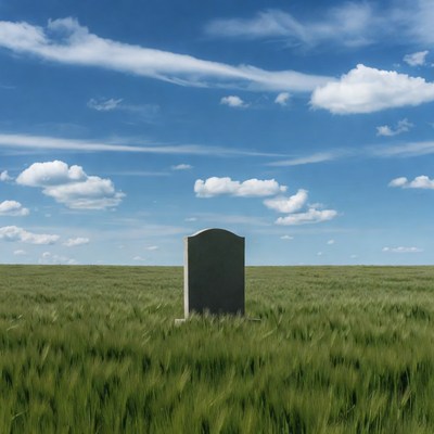 Gravestone in green wheat field