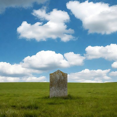 Mossy gravestone in green field