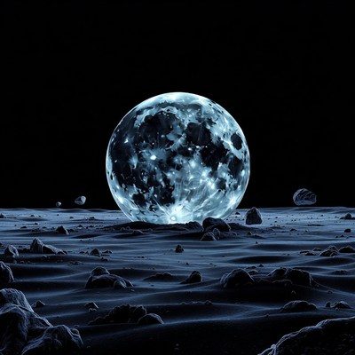 Glowing Cratered Moon on Rocky Surface