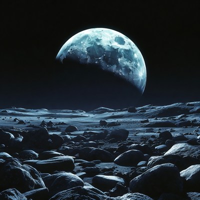 Blue Moon Over Rocky Alien Landscape