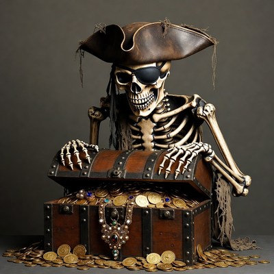 Skeleton pirate opening treasure chest