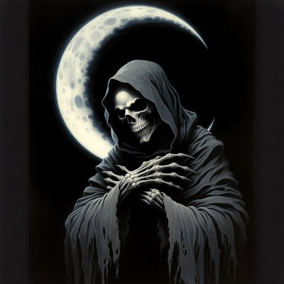 Skeleton in Hooded Cloak Under Crescent Moon