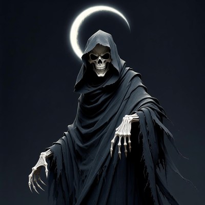 Skeleton in Hooded Cloak Under Moon
