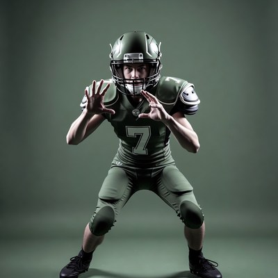 Football player in green uniform posing