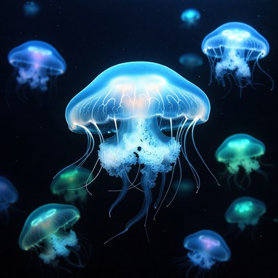 Glowing Blue Jellyfish in Dark Ocean