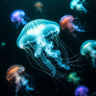 Colorful Glowing Jellyfish in Dark Ocean