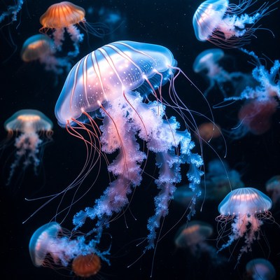 Colorful Jellyfish Floating in Dark Water
