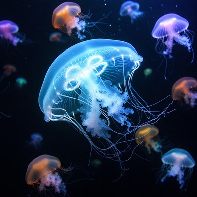 Colorful Jellyfish Floating in Dark Ocean