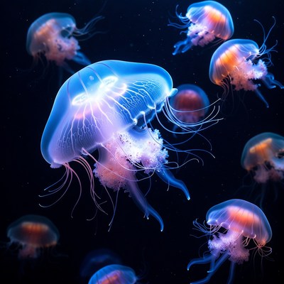Glowing Jellyfish Floating in Dark Ocean