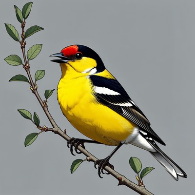 Yellow bird with red head on branch
