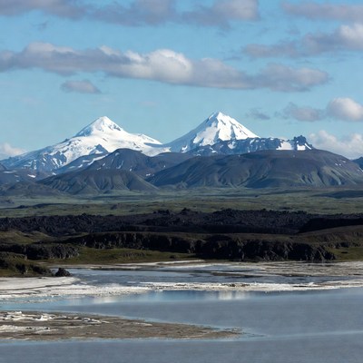 Twin Snow-Capped Mountains with Lake