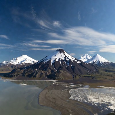 Snow-Capped Volcanic Mountains by Lake