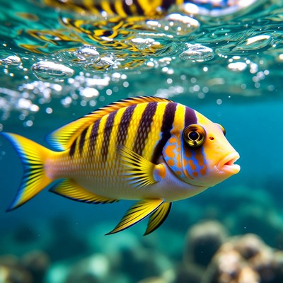 Yellow striped angelfish underwater