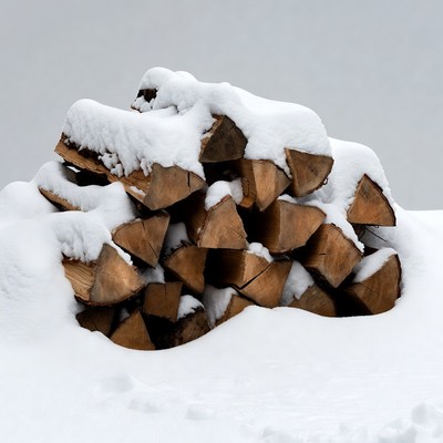 Snow-covered firewood stack