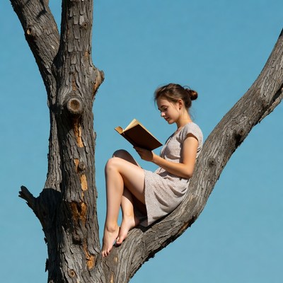 Girl reading book in tree