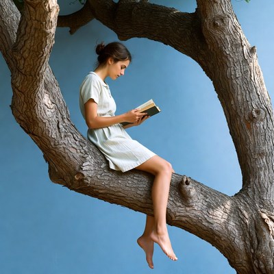 Woman reading book in tree