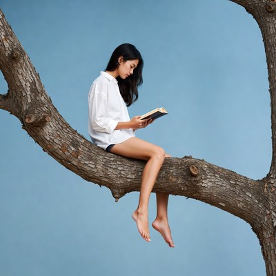 Asian woman reading book on tree branch