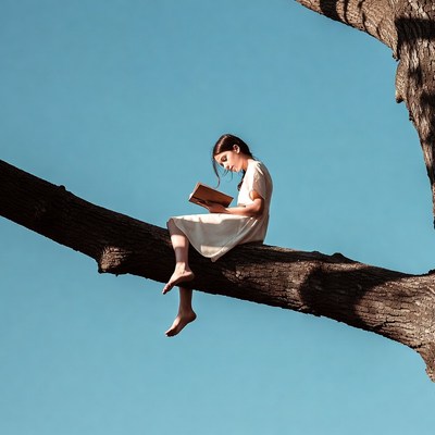 Girl reading book on tree branch