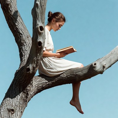 Woman reading book on tree branch
