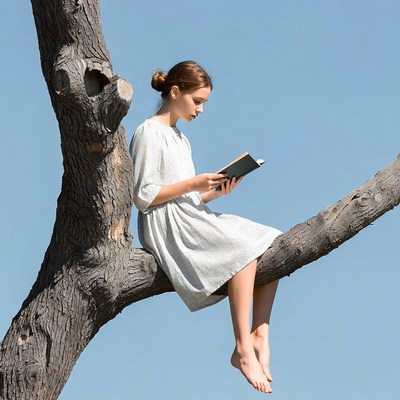 Girl reading book on tree branch