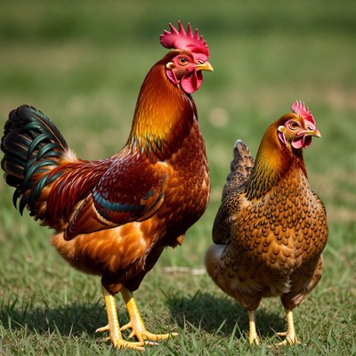 Rooster and Hen on Grass