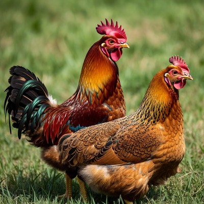 Rooster and Hen Standing in Grass