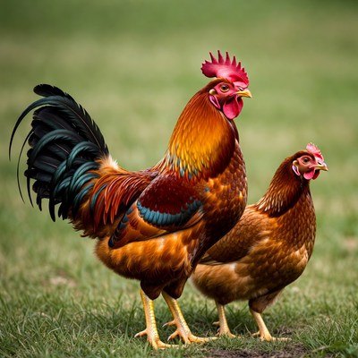 Rooster and Hen Standing in Grass
