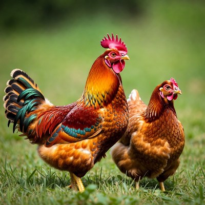 Colorful Rooster and Hen in Grass