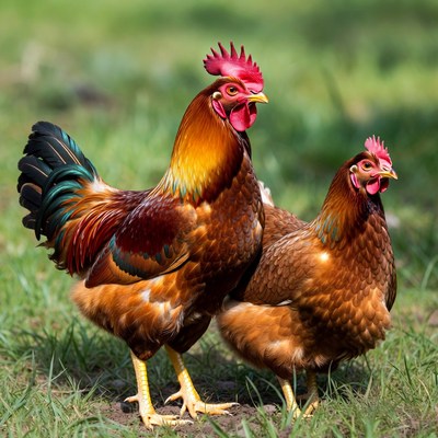 Rooster and Hen Standing in Grass