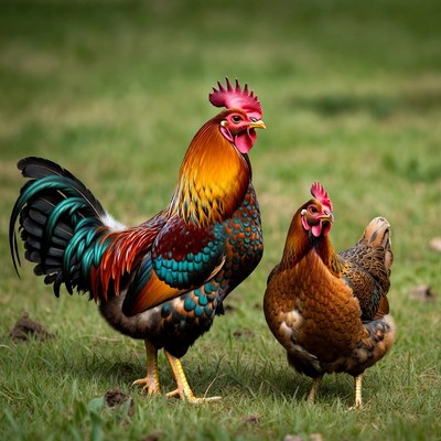 Colorful Rooster and Hen on Grass
