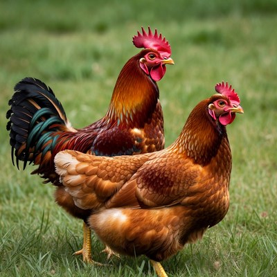 Rooster and Hen Standing in Grass