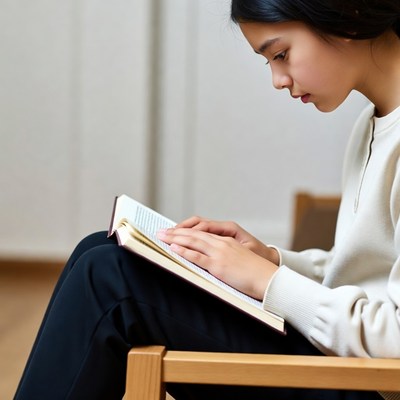 Asian girl reading book on chair