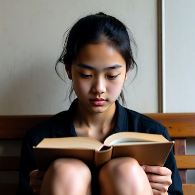 Asian girl reading book on bench