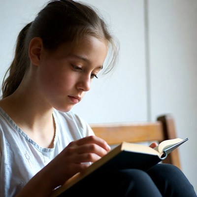 Girl reading book by window
