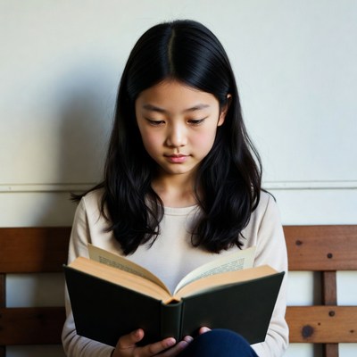 Asian girl reading book on bench