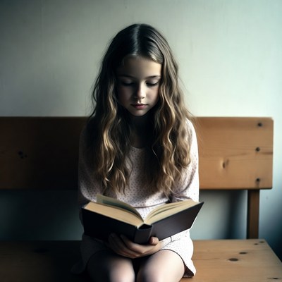 Girl reading book on bench