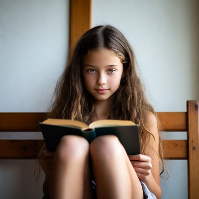 Girl reading book on wooden chair