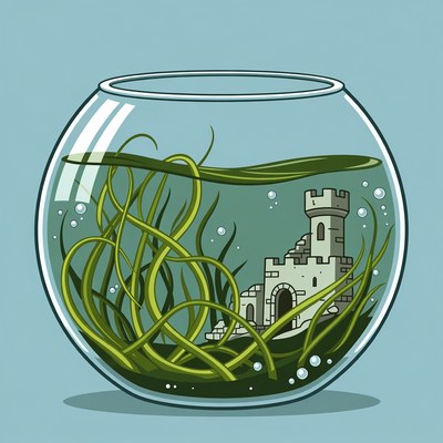 Fishbowl with seaweed and castle