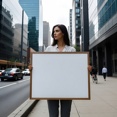 Woman holding blank sign in city