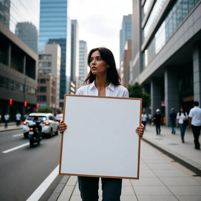 Woman holding blank sign urban street